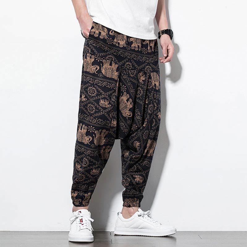 Buddha Stones Elephant Brown Black Print Cotton Men's Long Cropped Harem Pants With Pockets - image 4