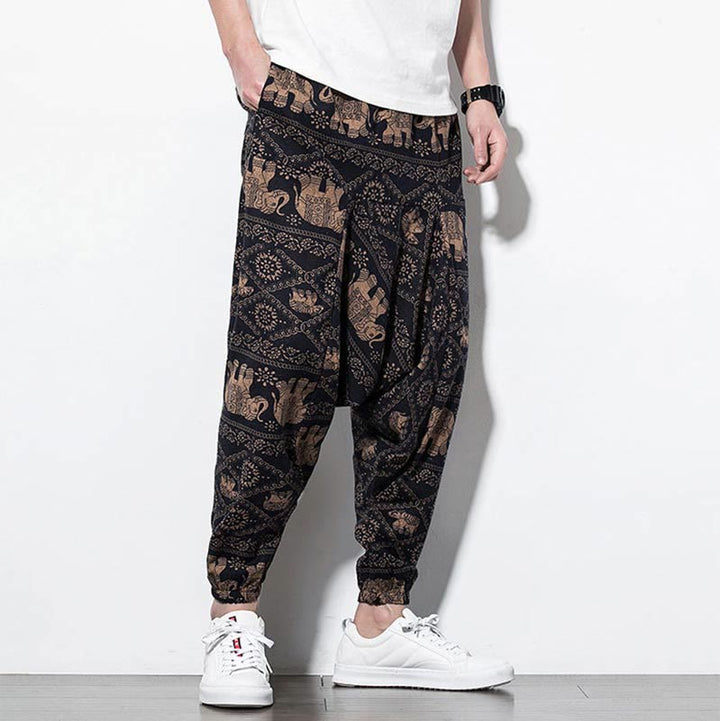 Buddha Stones Elephant Brown Black Print Cotton Men's Long Cropped Harem Pants With Pockets - image 4