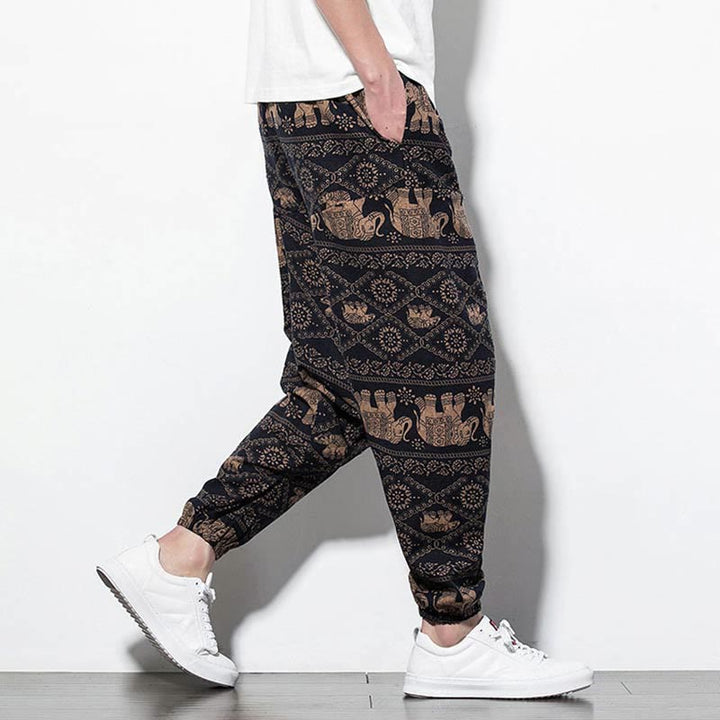 Buddha Stones Elephant Brown Black Print Cotton Men's Long Cropped Harem Pants With Pockets - image 4