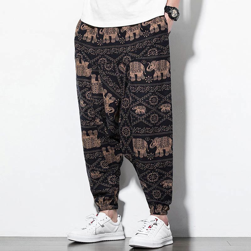 Buddha Stones Elephant Brown Black Print Cotton Men's Long Cropped Harem Pants With Pockets - image 5