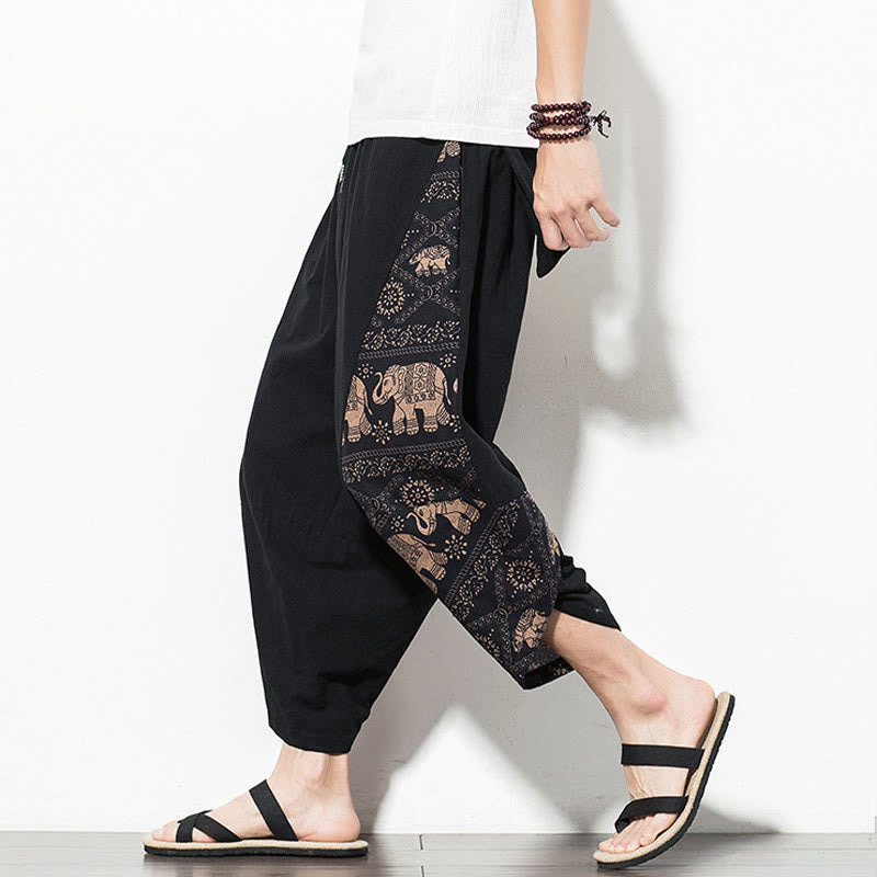 Buddha Stones Brown Elephant Print Cotton Men's Cropped Harem Pants With Pockets - Black - US/UK/AU46，EU56 (5XL) - image 0