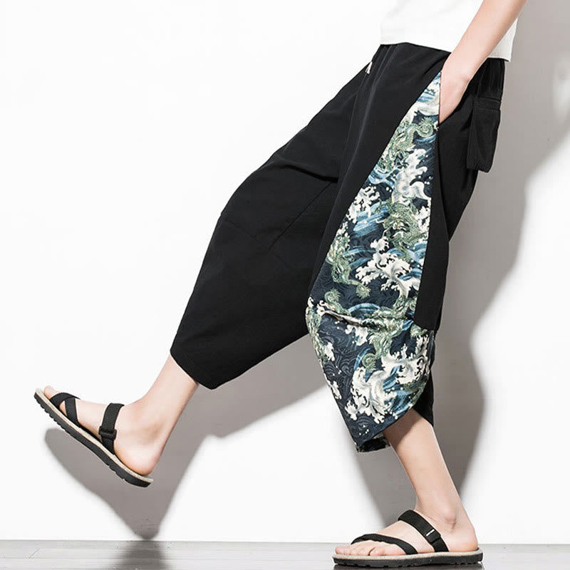 Buddha Stones Green Waves Print Cotton Men's Cropped Harem Pants With Pockets - image 8