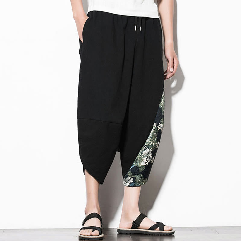 Buddha Stones Green Waves Print Cotton Men's Cropped Harem Pants With Pockets - image 5