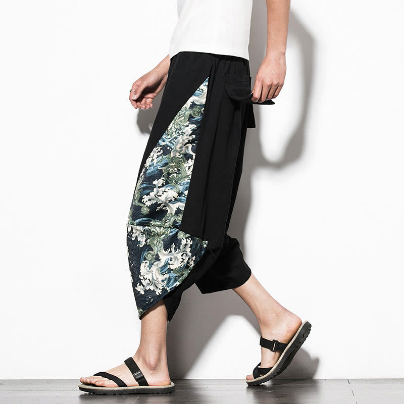 Buddha Stones Green Waves Print Cotton Men's Cropped Harem Pants With Pockets - Black - US/UK/AU46，EU56 (5XL)  - image 0