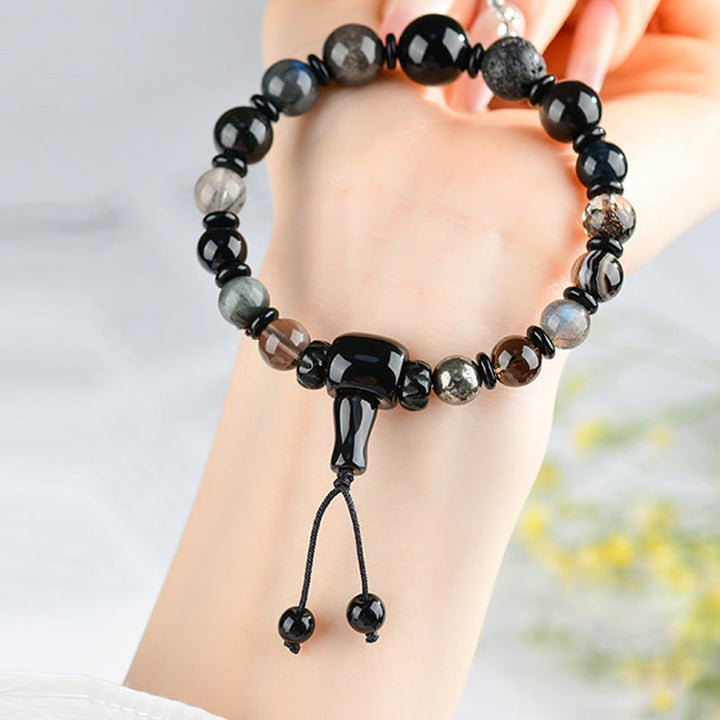 Buddha Stones Five Elements Various Crystal Black Obsidian Wealth Wisdom Bracelet - image 3
