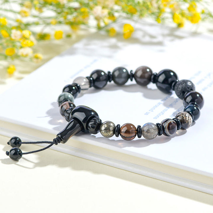 Buddha Stones Five Elements Various Crystal Black Obsidian Wealth Wisdom Bracelet - image 7