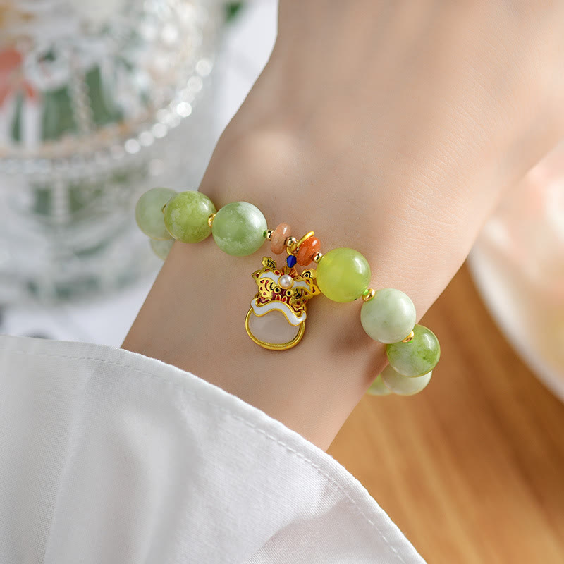 Buddha Stones Natural Jade Dancing Lion Charm Prosperity Luck Bracelet - image 5