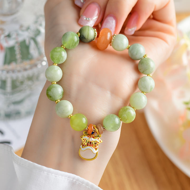 Buddha Stones Natural Jade Dancing Lion Charm Prosperity Luck Bracelet - image 4
