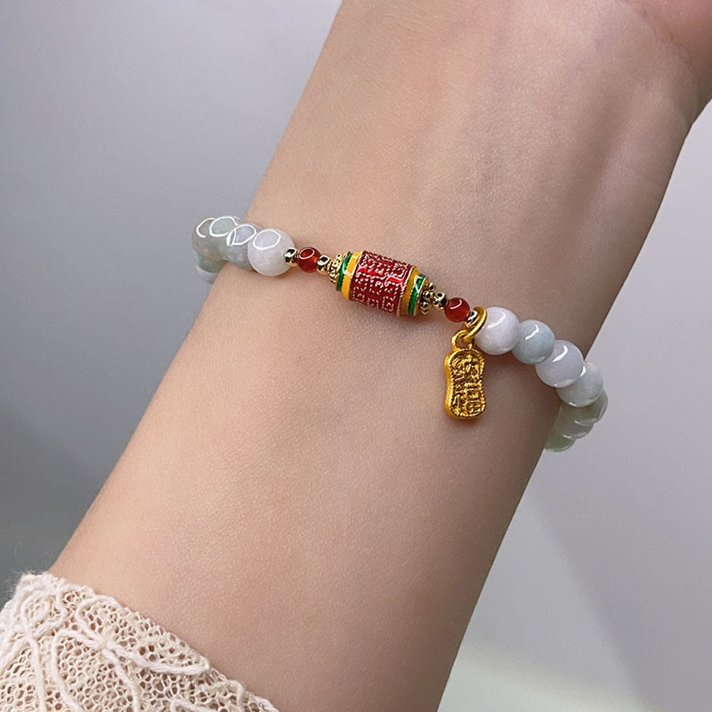 Buddha Stones Tibetan Natural Jade Fu Character Prayer Wheel Prosperity Abundance Bracelet - image 4
