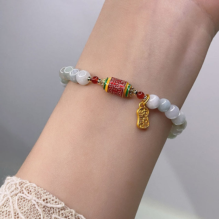 Buddha Stones Tibetan Natural Jade Fu Character Prayer Wheel Prosperity Abundance Bracelet - image 4