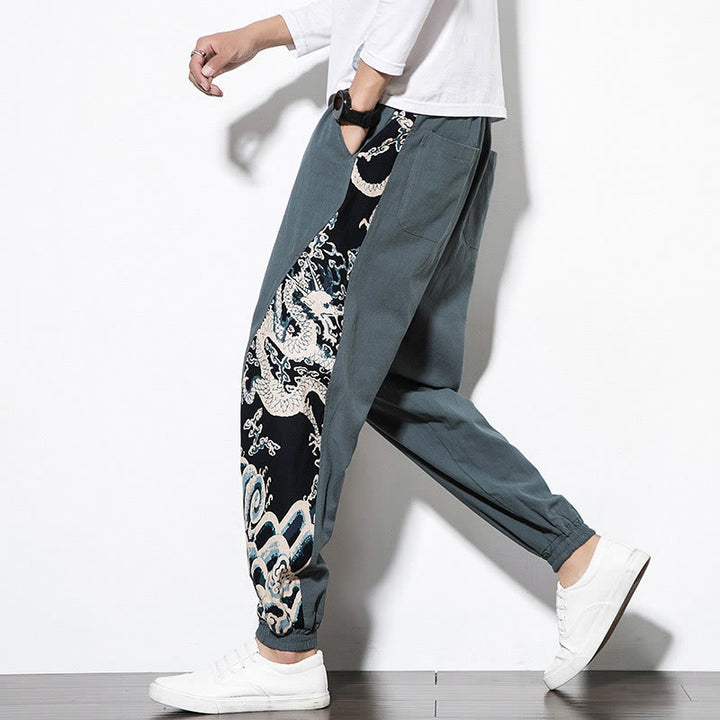 Buddha Stones Summer Dragon Waves Cotton Men's Pants With Pockets - image 5