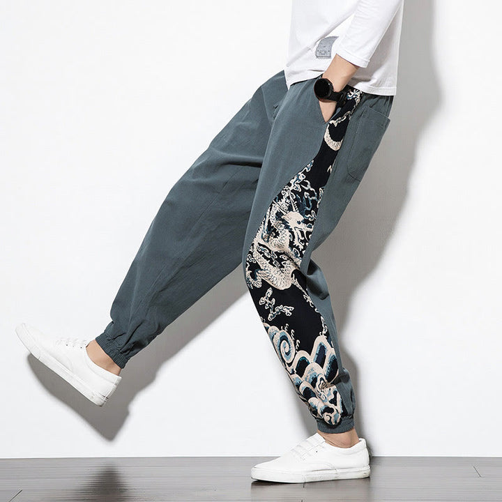 Buddha Stones Summer Dragon Waves Cotton Men's Pants With Pockets - image 7