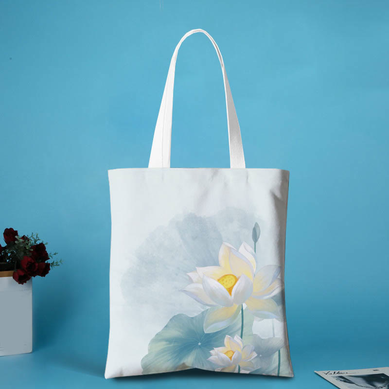 Buddha Stones Canvas Metal Lotus Shoulder Bag - White Lotus Flower 1 - Zipper - image 1