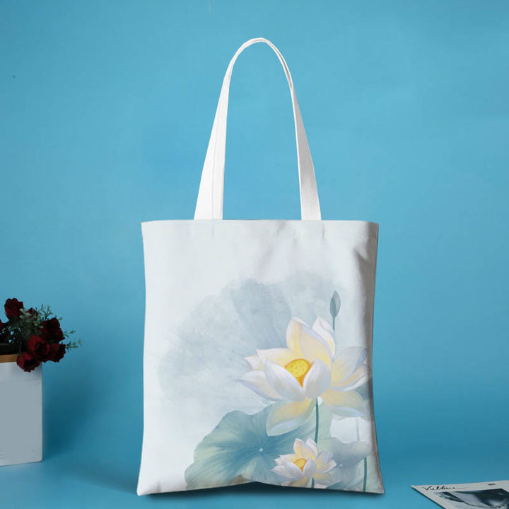 Buddha Stones Canvas Metal Lotus Shoulder Bag - White Lotus Flower 1 - Zipper - image 1