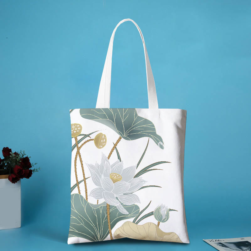 Buddha Stones Canvas Metal Lotus Shoulder Bag - White Lotus Flower 2- Zipper - image 2