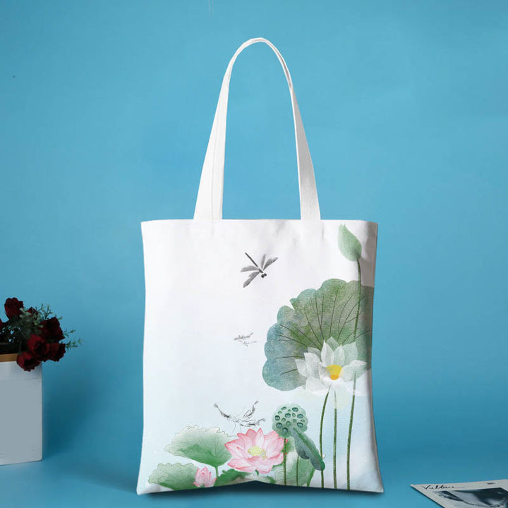 Buddha Stones Canvas Metal Lotus Shoulder Bag - Lotus Dragonfly - Zipper - image 3