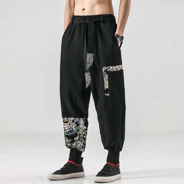 Buddha Stones Ocean Waves Lace-up Cotton Men's Harem Pants With Pockets - image 4