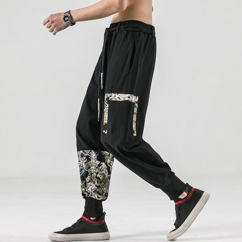 Buddha Stones Ocean Waves Lace-up Cotton Men's Harem Pants With Pockets - image 7