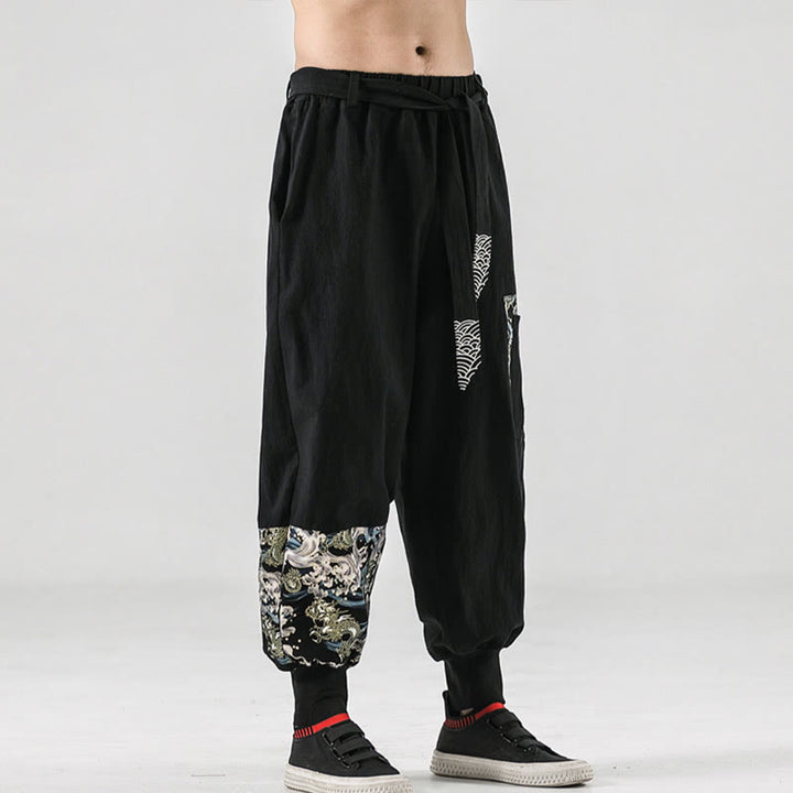Buddha Stones Ocean Waves Lace-up Cotton Men's Harem Pants With Pockets - image 1
