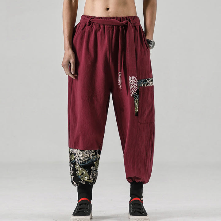 Buddha Stones Ocean Waves Lace-up Cotton Men's Harem Pants With Pockets - image 20
