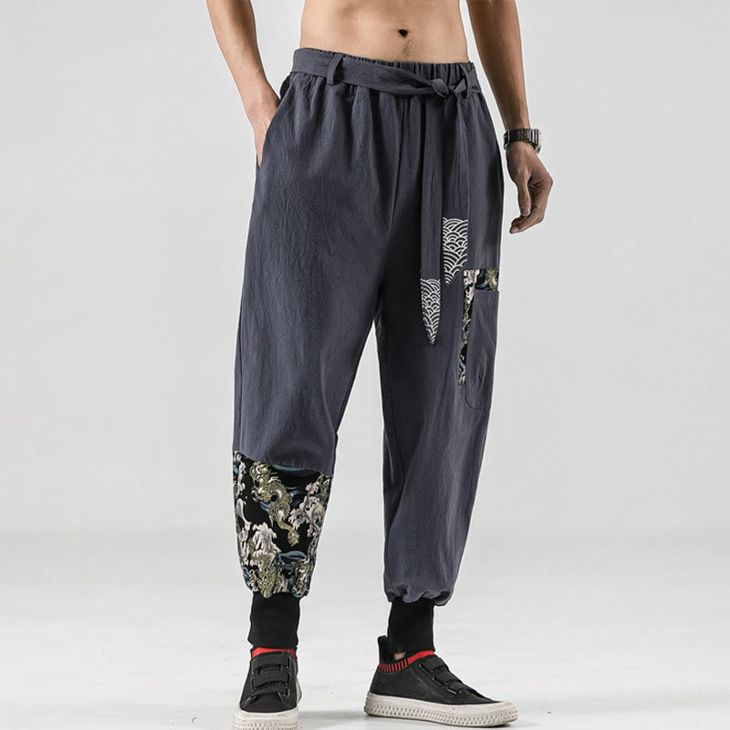 Buddha Stones Ocean Waves Lace-up Cotton Men's Harem Pants With Pockets - image 28