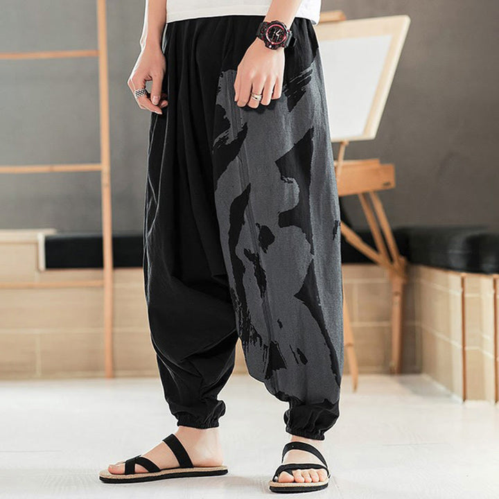 Buddha Stones Simple Summer Calligraphy Cotton Men's Harem Pants With Pockets - image 3
