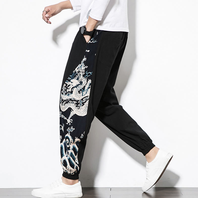 Buddha Stones Summer Dragon Waves Cotton Men's Pants With Pockets - image 14