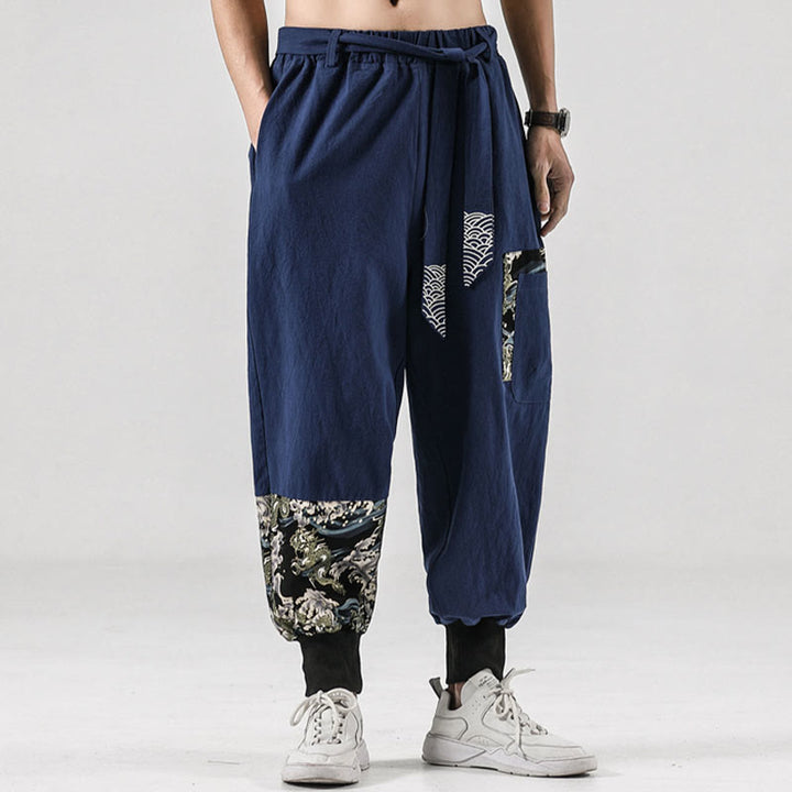 Buddha Stones Ocean Waves Lace-up Cotton Men's Harem Pants With Pockets - image 35