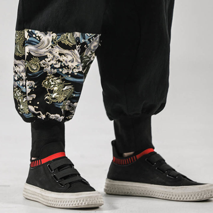 Buddha Stones Ocean Waves Lace-up Cotton Men's Harem Pants With Pockets - image 12