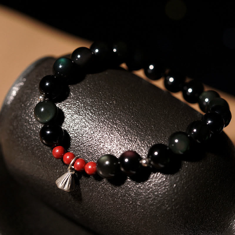 Buddha Stones Natural Black Obsidian Cinnabar Lotus Charm Strength Fulfillment Bracelet - 8mm(Wrist Circumference 14-16cm) - image 4