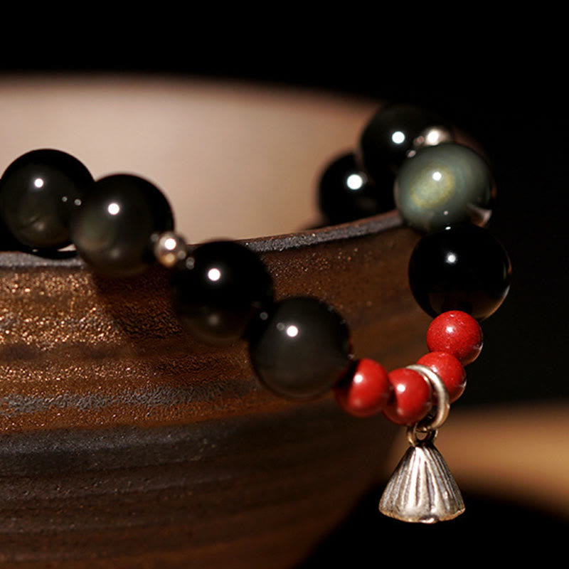 Buddha Stones Natural Black Obsidian Cinnabar Lotus Charm Strength Fulfillment Bracelet - image 5