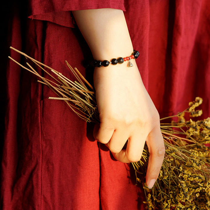 Buddha Stones Natural Black Obsidian Cinnabar Lotus Charm Strength Fulfillment Bracelet - image 6