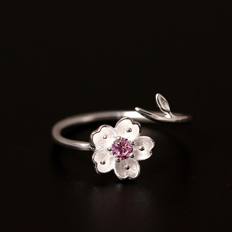 Buddha Stones 925 Sterling Silver Cherry Blossom Sakura Flower Blessing Adjustable Ring - image 0