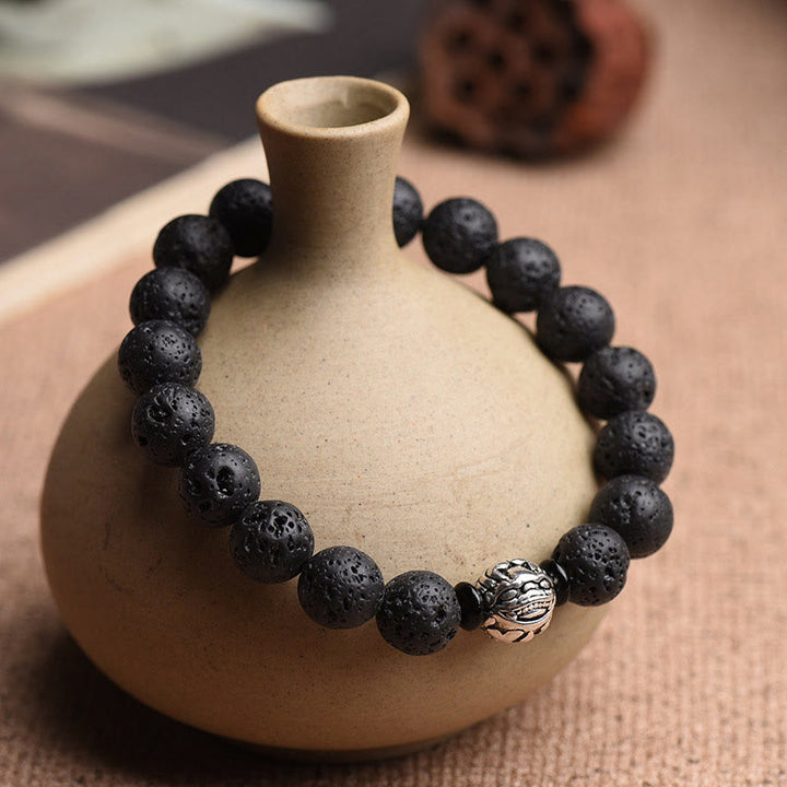 Buddha Stones Lava Rock Beads White Copper PiXiu Wealth Bracelet - image 1