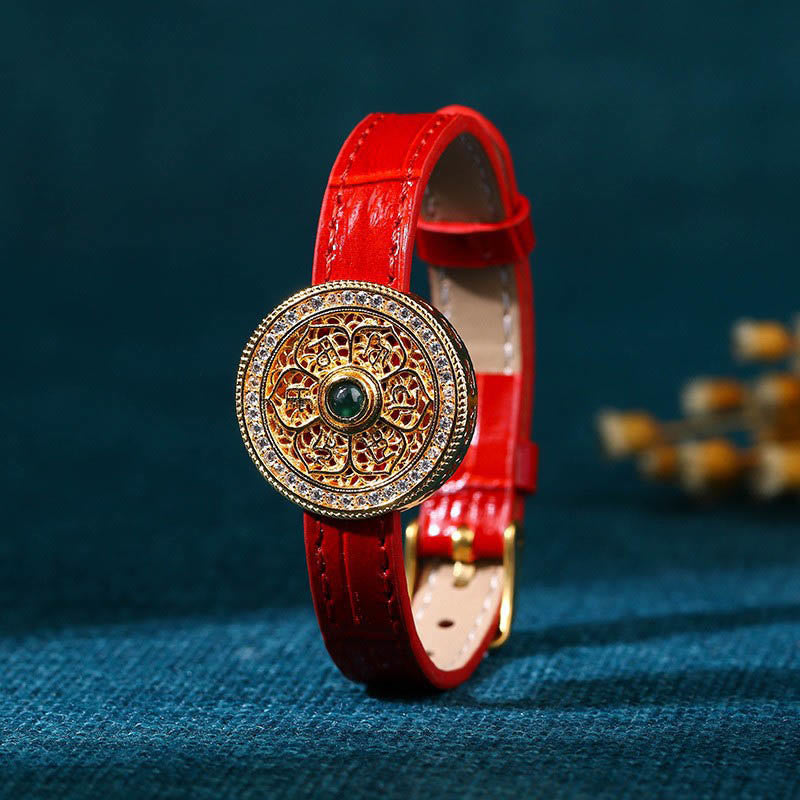 Buddha Stones Six True Words Eight Treasures Compass Jade 24K Gold Plated Luck Leather Bracelet - Six True Words Leather Bracelet (Wrist Circumference: 15-22cm) - image 0