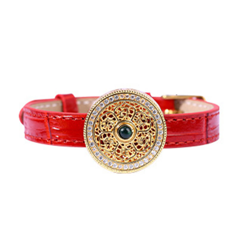 Buddha Stones Six True Words Eight Treasures Compass Jade 24K Gold Plated Luck Leather Bracelet - image 5