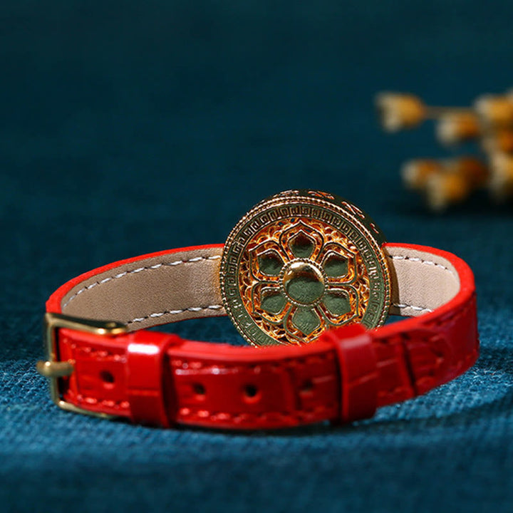 Buddha Stones Six True Words Eight Treasures Compass Jade 24K Gold Plated Luck Leather Bracelet - image 3