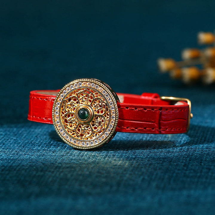 Buddha Stones Six True Words Eight Treasures Compass Jade 24K Gold Plated Luck Leather Bracelet - image 1