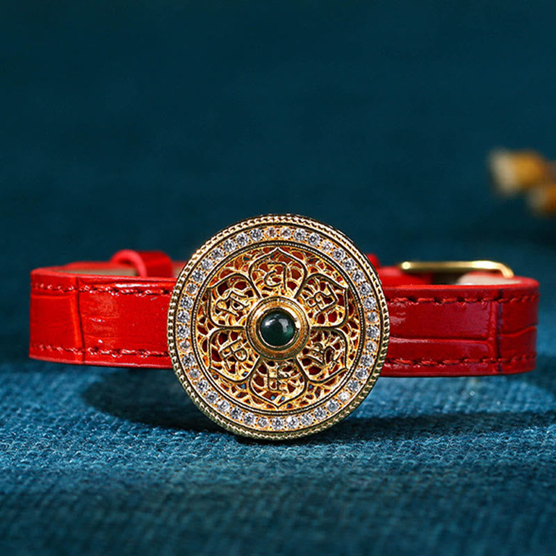 Buddha Stones Six True Words Eight Treasures Compass Jade 24K Gold Plated Luck Leather Bracelet - image 2