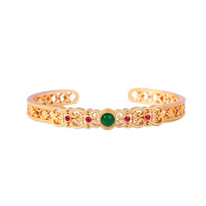 Buddha Stones Green Chalcedony 24k Gold Plated Copper Strength Cuff Bracelet Bangle - image 3