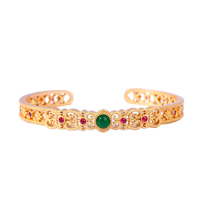 Buddha Stones Green Chalcedony 24k Gold Plated Copper Strength Cuff Bracelet Bangle - image 4