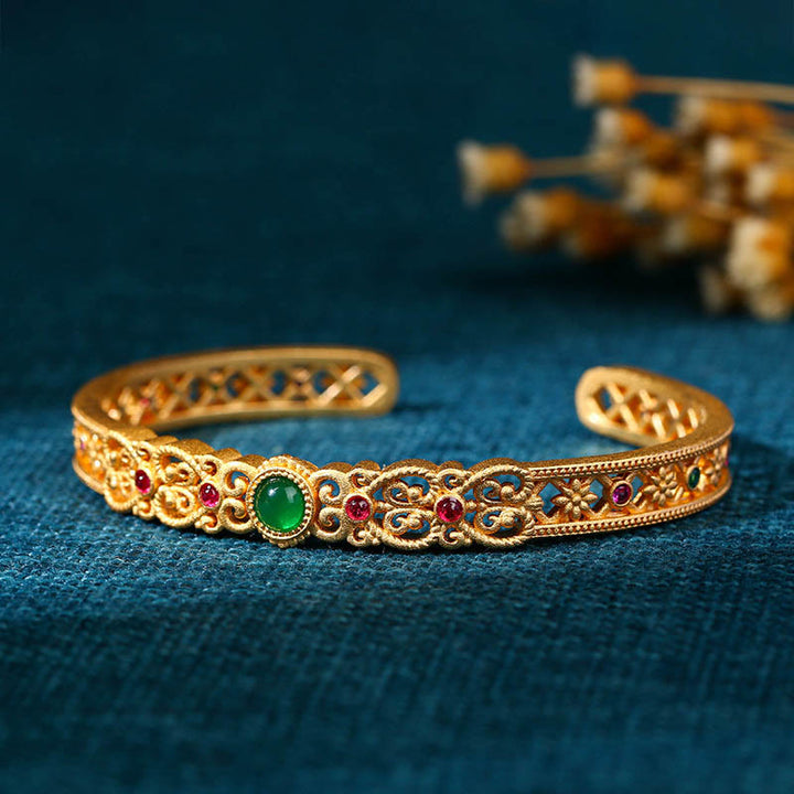 Buddha Stones Green Chalcedony 24k Gold Plated Copper Strength Cuff Bracelet Bangle - image 2