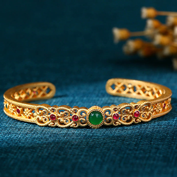 Buddha Stones Green Chalcedony 24k Gold Plated Copper Strength Cuff Bracelet Bangle - image 1