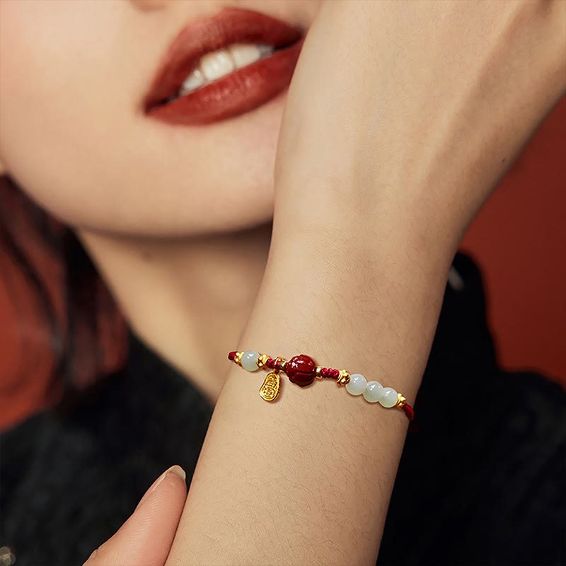 Buddha Stones Fu Character Jade Cinnabar 24K Gold Plated Luck Red String Bracelet - image 3