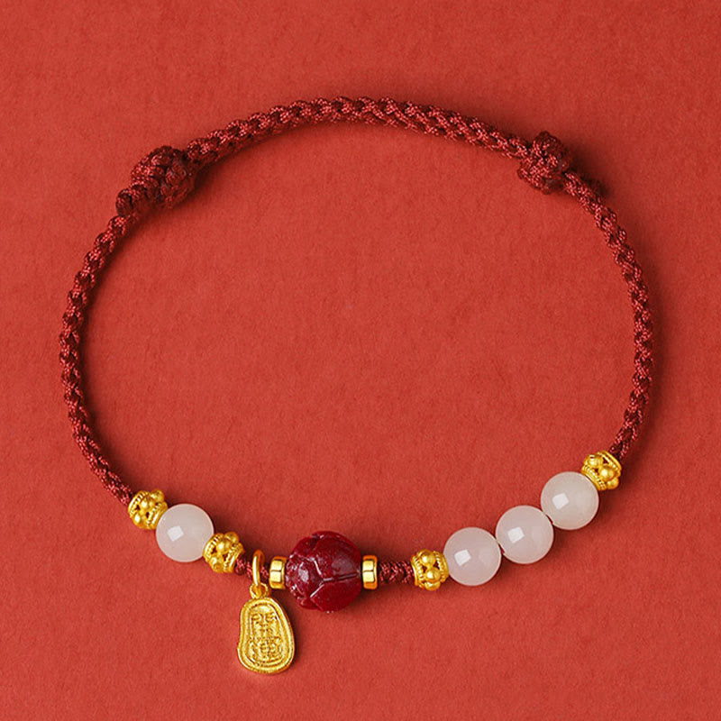 Buddha Stones Fu Character Jade Cinnabar 24K Gold Plated Luck Red String Bracelet - image 1