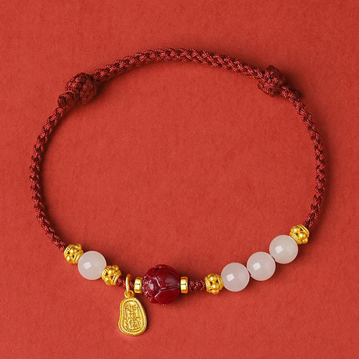 Buddha Stones Fu Character Jade Cinnabar 24K Gold Plated Luck Red String Bracelet - image 1
