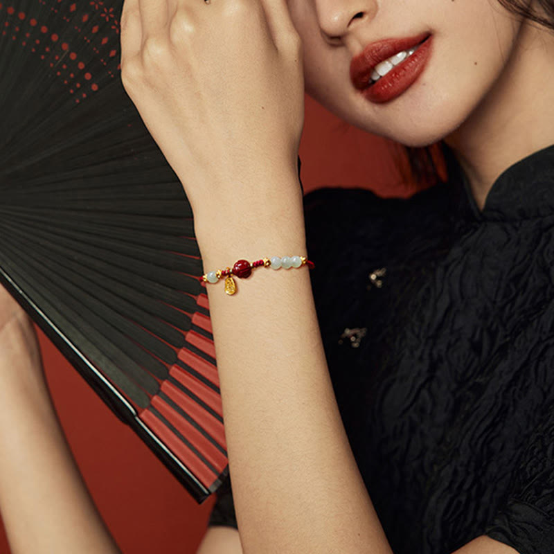 Buddha Stones Fu Character Jade Cinnabar 24K Gold Plated Luck Red String Bracelet - image 4