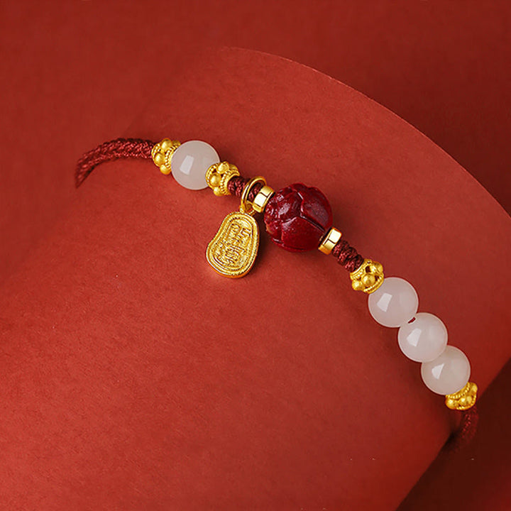 Buddha Stones Fu Character Jade Cinnabar 24K Gold Plated Luck Red String Bracelet - image 2