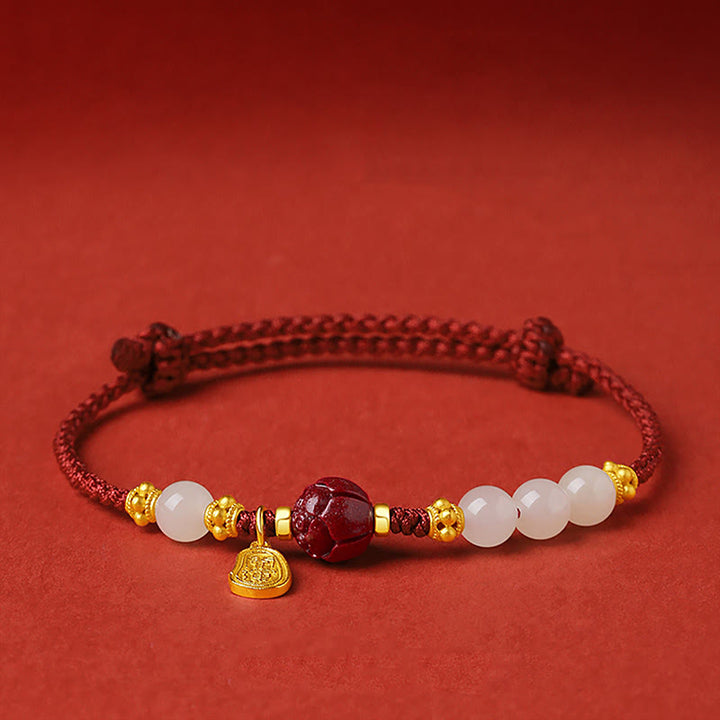 Buddha Stones Fu Character Jade Cinnabar 24K Gold Plated Luck Red String Bracelet - Jade Cinnabar (Wrist Circumference: 15-19cm) - image 0
