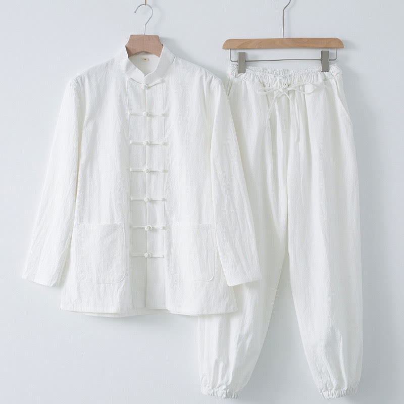Buddha Stones Meditation Frog-Button Tang Long Sleeve Shirt Pants Men's Suit - White Shirt&White Pant - US/UK/AU44，EU54 (4XL) - image 1